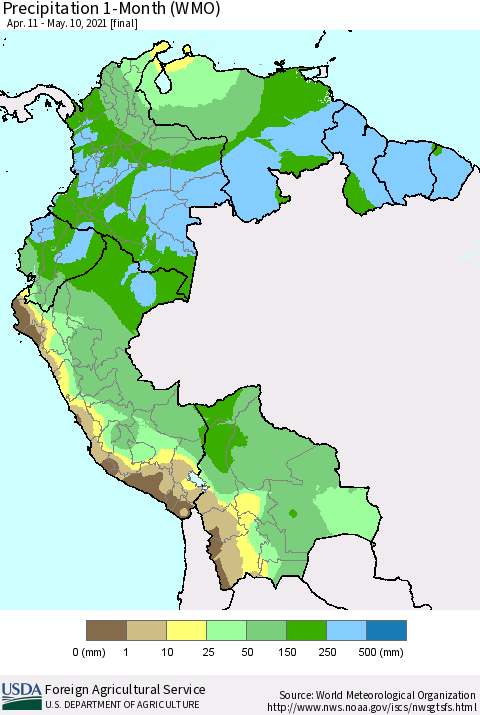 Northern South America Precipitation 1-Month (WMO) Thematic Map For 4/11/2021 - 5/10/2021