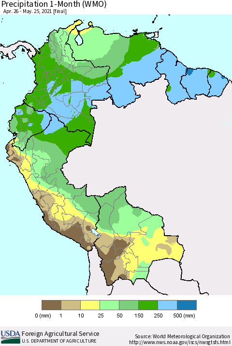 Northern South America Precipitation 1-Month (WMO) Thematic Map For 4/26/2021 - 5/25/2021