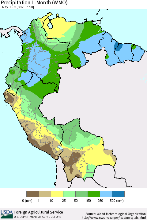 Northern South America Precipitation 1-Month (WMO) Thematic Map For 5/1/2021 - 5/31/2021