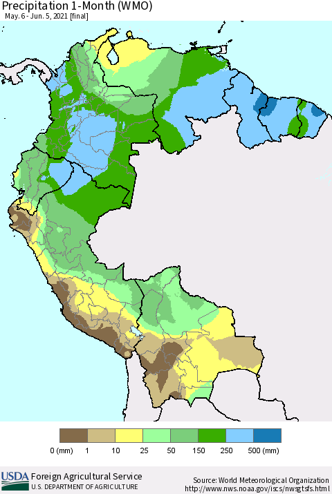 Northern South America Precipitation 1-Month (WMO) Thematic Map For 5/6/2021 - 6/5/2021