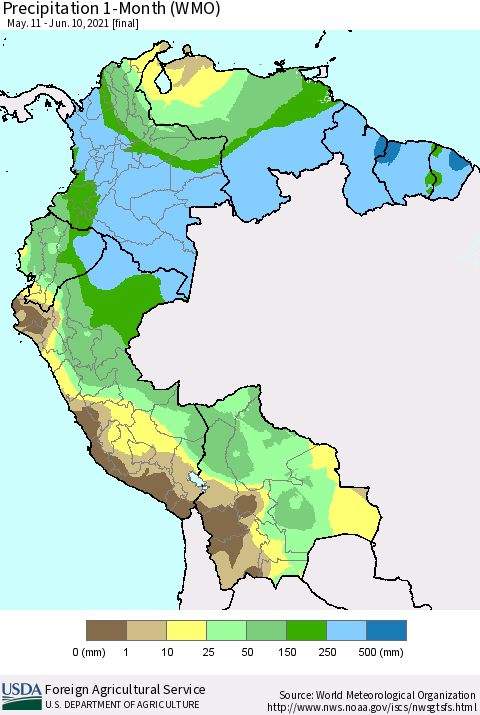 Northern South America Precipitation 1-Month (WMO) Thematic Map For 5/11/2021 - 6/10/2021