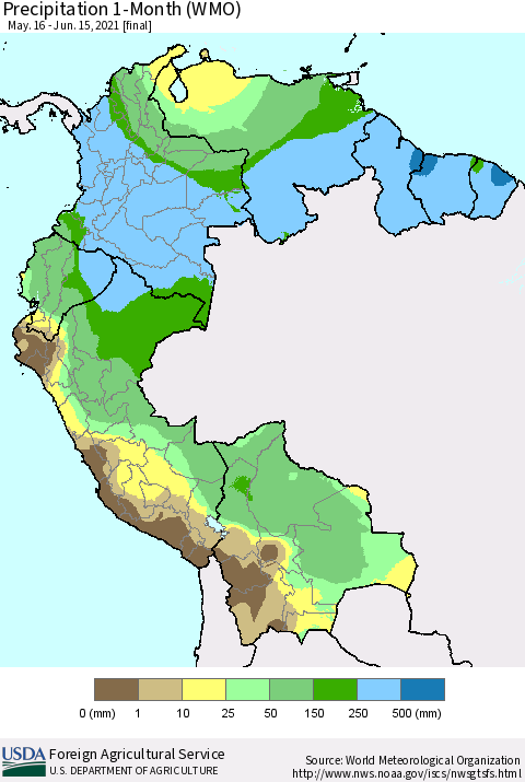 Northern South America Precipitation 1-Month (WMO) Thematic Map For 5/16/2021 - 6/15/2021