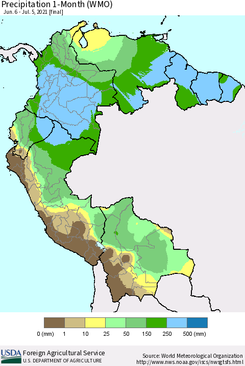 Northern South America Precipitation 1-Month (WMO) Thematic Map For 6/6/2021 - 7/5/2021