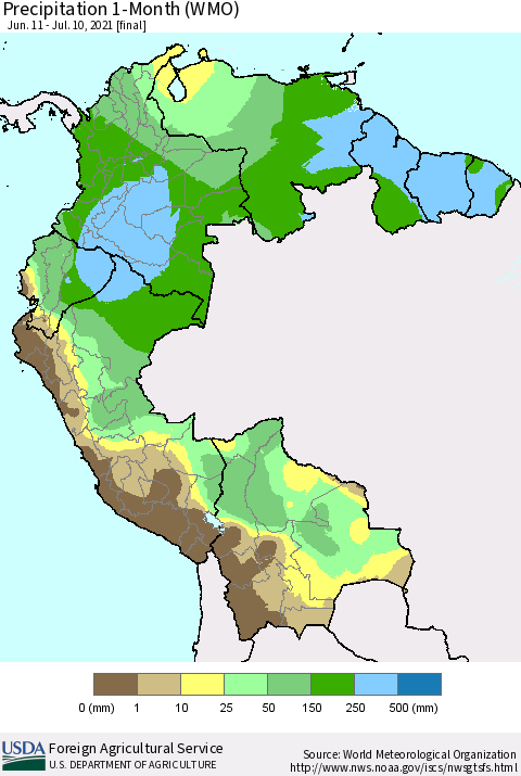 Northern South America Precipitation 1-Month (WMO) Thematic Map For 6/11/2021 - 7/10/2021
