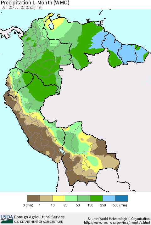 Northern South America Precipitation 1-Month (WMO) Thematic Map For 6/21/2021 - 7/20/2021