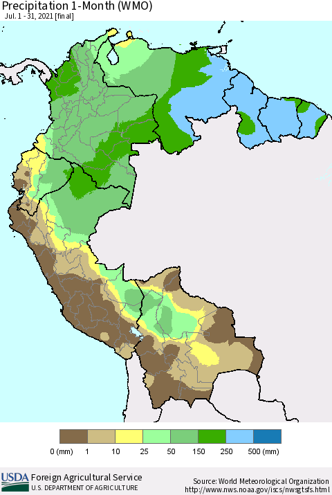 Northern South America Precipitation 1-Month (WMO) Thematic Map For 7/1/2021 - 7/31/2021