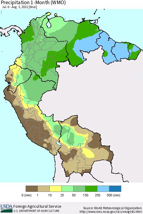Northern South America Precipitation 1-Month (WMO) Thematic Map For 7/6/2021 - 8/5/2021