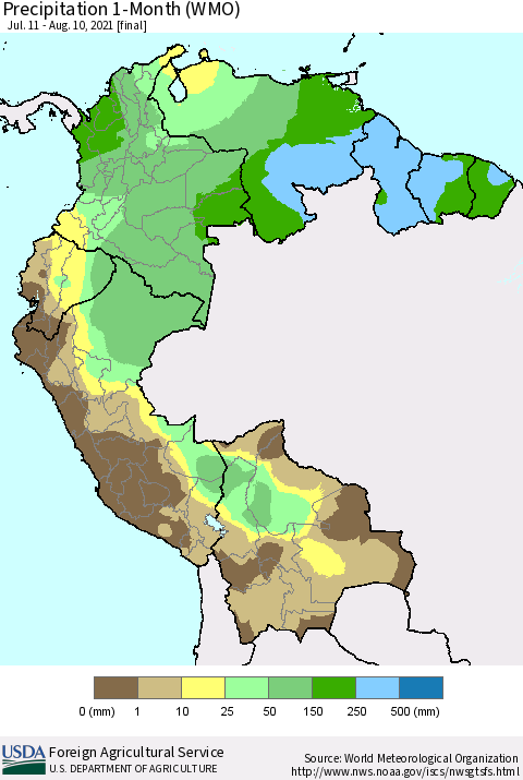 Northern South America Precipitation 1-Month (WMO) Thematic Map For 7/11/2021 - 8/10/2021