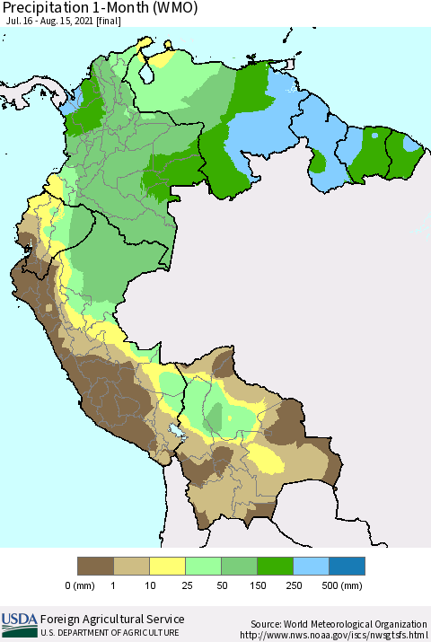 Northern South America Precipitation 1-Month (WMO) Thematic Map For 7/16/2021 - 8/15/2021