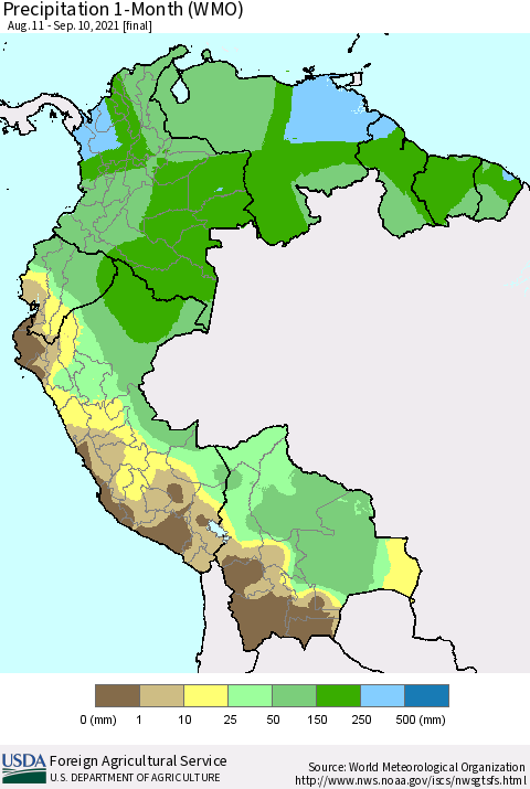 Northern South America Precipitation 1-Month (WMO) Thematic Map For 8/11/2021 - 9/10/2021