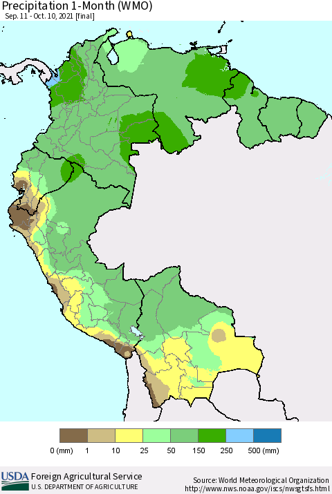 Northern South America Precipitation 1-Month (WMO) Thematic Map For 9/11/2021 - 10/10/2021