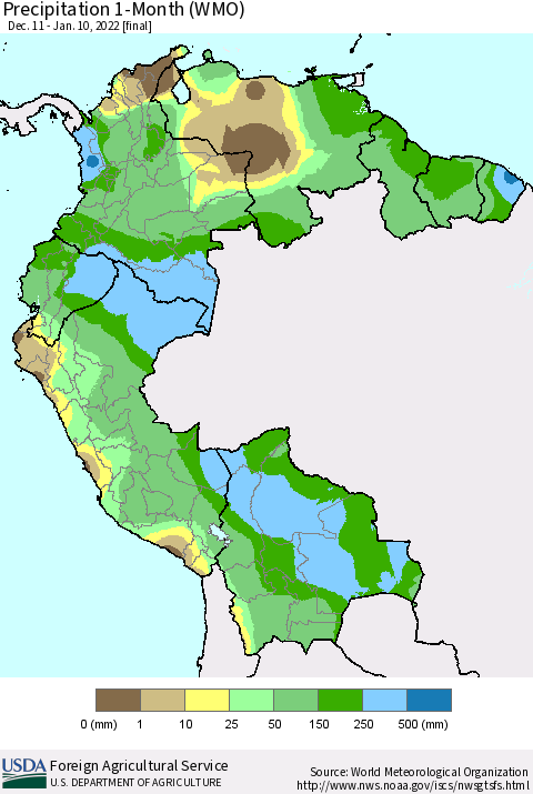 Northern South America Precipitation 1-Month (WMO) Thematic Map For 12/11/2021 - 1/10/2022