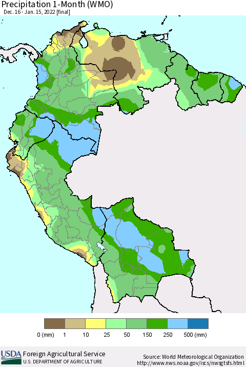 Northern South America Precipitation 1-Month (WMO) Thematic Map For 12/16/2021 - 1/15/2022