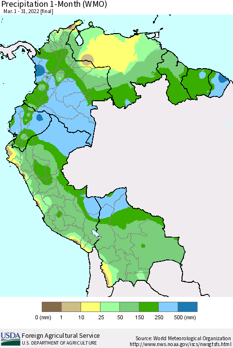 Northern South America Precipitation 1-Month (WMO) Thematic Map For 3/1/2022 - 3/31/2022