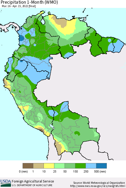 Northern South America Precipitation 1-Month (WMO) Thematic Map For 3/16/2022 - 4/15/2022
