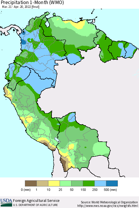 Northern South America Precipitation 1-Month (WMO) Thematic Map For 3/21/2022 - 4/20/2022