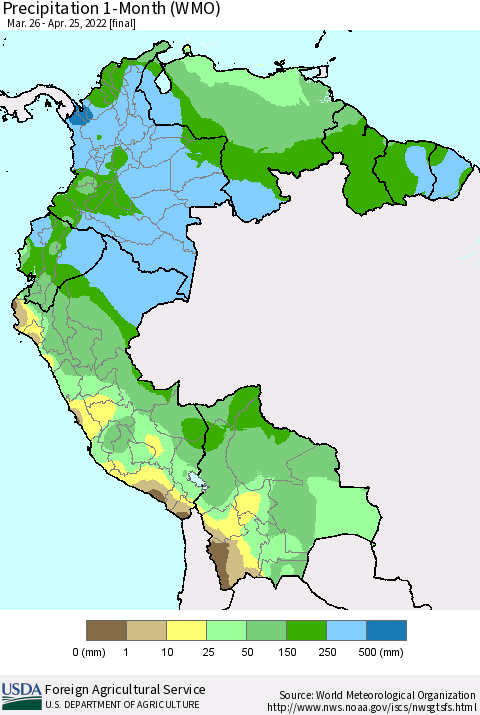 Northern South America Precipitation 1-Month (WMO) Thematic Map For 3/26/2022 - 4/25/2022