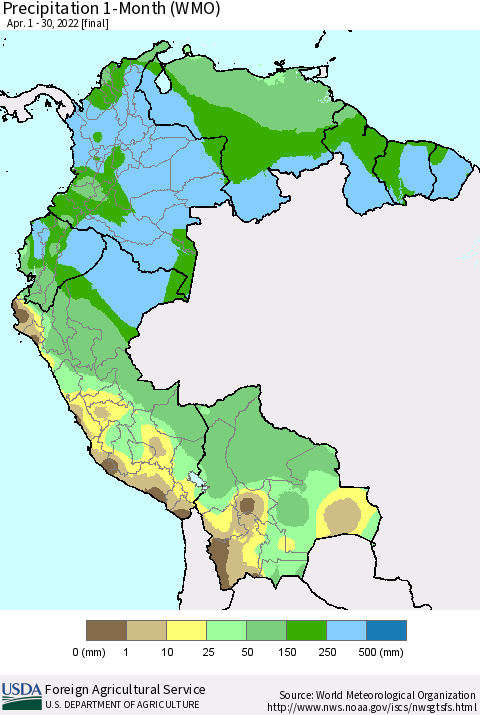 Northern South America Precipitation 1-Month (WMO) Thematic Map For 4/1/2022 - 4/30/2022