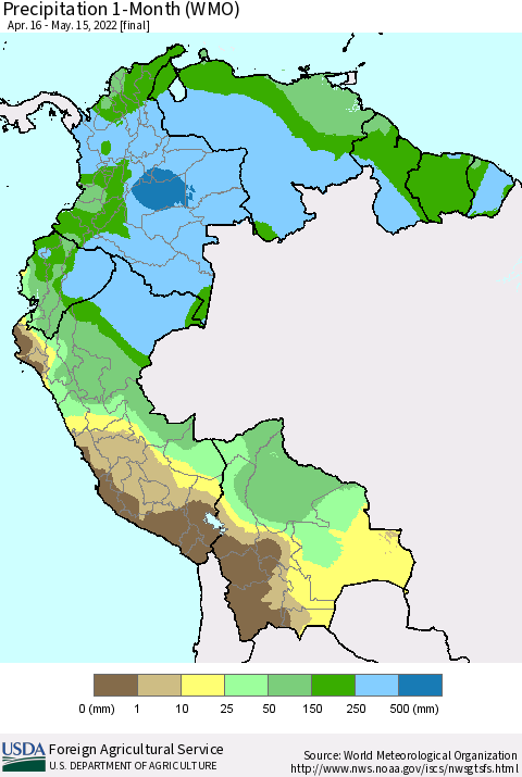 Northern South America Precipitation 1-Month (WMO) Thematic Map For 4/16/2022 - 5/15/2022