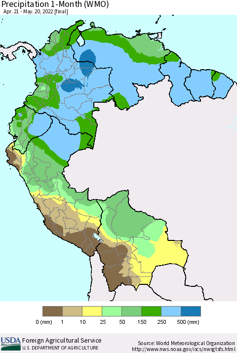 Northern South America Precipitation 1-Month (WMO) Thematic Map For 4/21/2022 - 5/20/2022