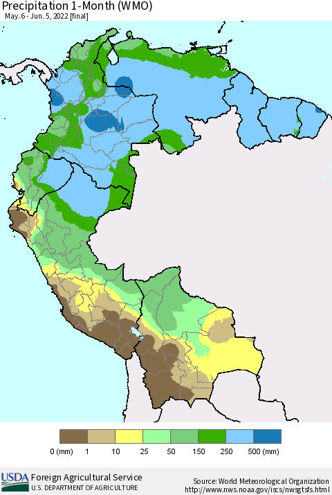 Northern South America Precipitation 1-Month (WMO) Thematic Map For 5/6/2022 - 6/5/2022