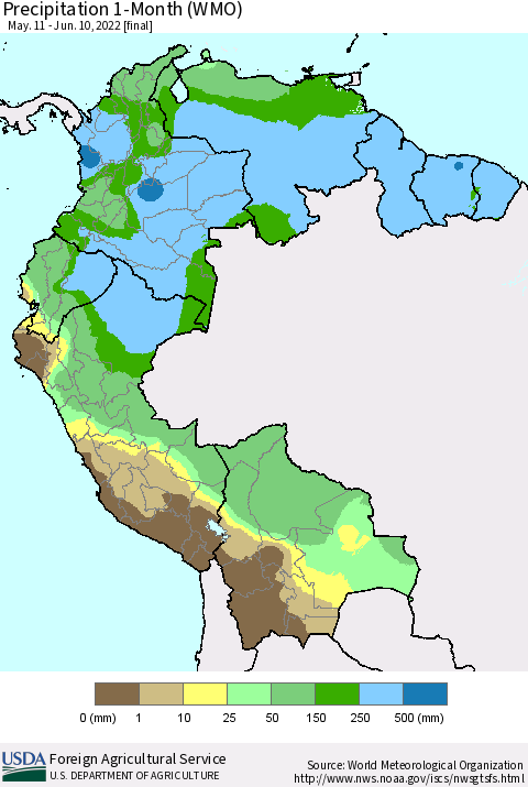 Northern South America Precipitation 1-Month (WMO) Thematic Map For 5/11/2022 - 6/10/2022