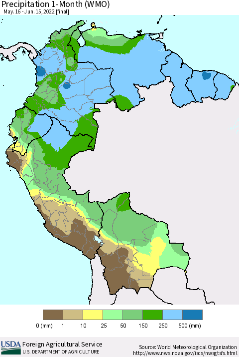 Northern South America Precipitation 1-Month (WMO) Thematic Map For 5/16/2022 - 6/15/2022