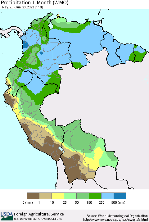 Northern South America Precipitation 1-Month (WMO) Thematic Map For 5/21/2022 - 6/20/2022