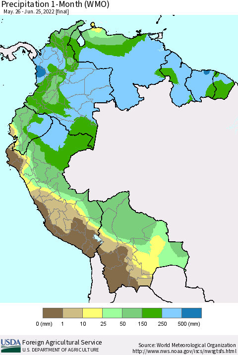 Northern South America Precipitation 1-Month (WMO) Thematic Map For 5/26/2022 - 6/25/2022