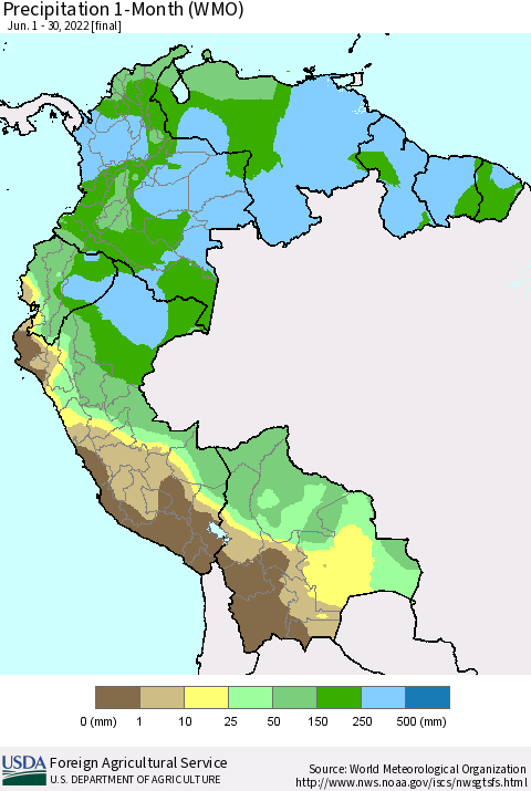 Northern South America Precipitation 1-Month (WMO) Thematic Map For 6/1/2022 - 6/30/2022