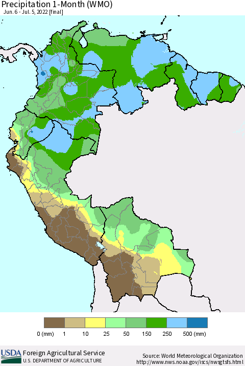 Northern South America Precipitation 1-Month (WMO) Thematic Map For 6/6/2022 - 7/5/2022