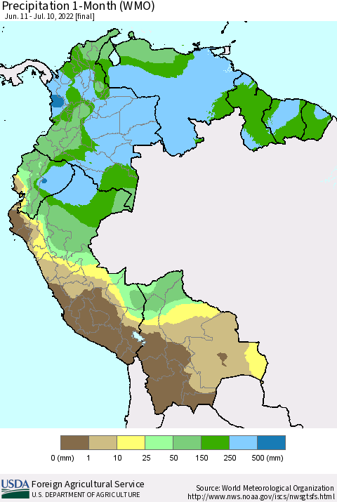 Northern South America Precipitation 1-Month (WMO) Thematic Map For 6/11/2022 - 7/10/2022