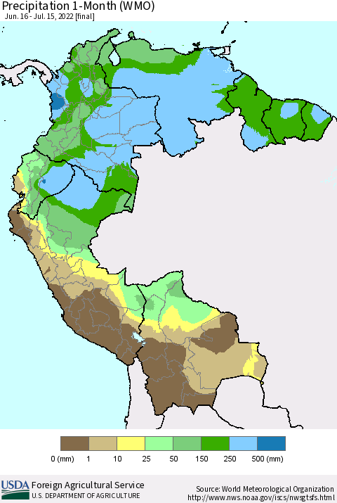 Northern South America Precipitation 1-Month (WMO) Thematic Map For 6/16/2022 - 7/15/2022