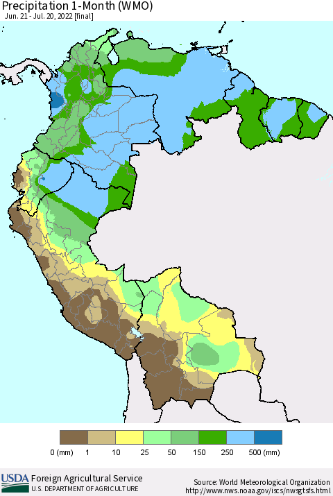 Northern South America Precipitation 1-Month (WMO) Thematic Map For 6/21/2022 - 7/20/2022