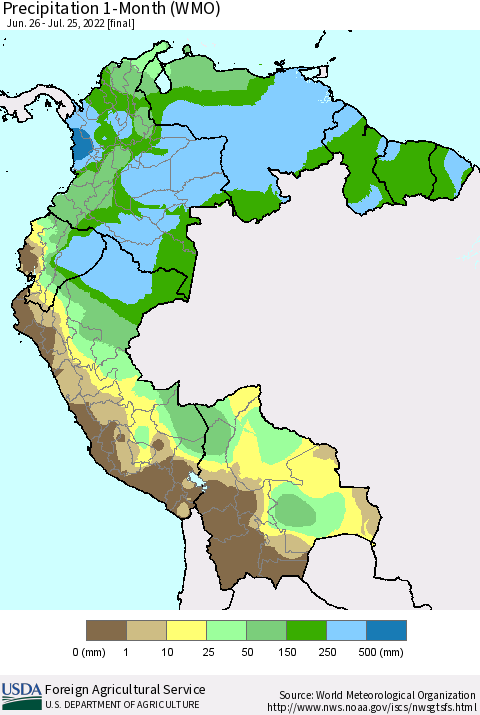 Northern South America Precipitation 1-Month (WMO) Thematic Map For 6/26/2022 - 7/25/2022