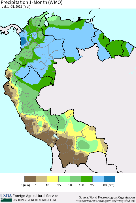 Northern South America Precipitation 1-Month (WMO) Thematic Map For 7/1/2022 - 7/31/2022