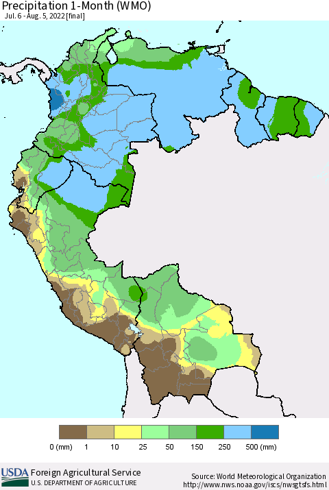 Northern South America Precipitation 1-Month (WMO) Thematic Map For 7/6/2022 - 8/5/2022