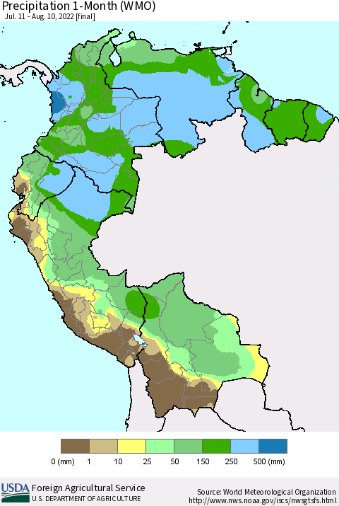 Northern South America Precipitation 1-Month (WMO) Thematic Map For 7/11/2022 - 8/10/2022