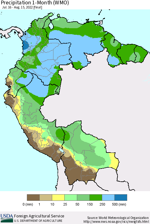 Northern South America Precipitation 1-Month (WMO) Thematic Map For 7/16/2022 - 8/15/2022