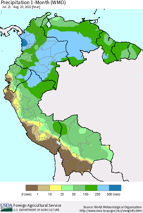 Northern South America Precipitation 1-Month (WMO) Thematic Map For 7/21/2022 - 8/20/2022