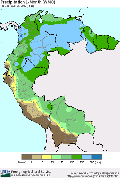 Northern South America Precipitation 1-Month (WMO) Thematic Map For 7/26/2022 - 8/25/2022