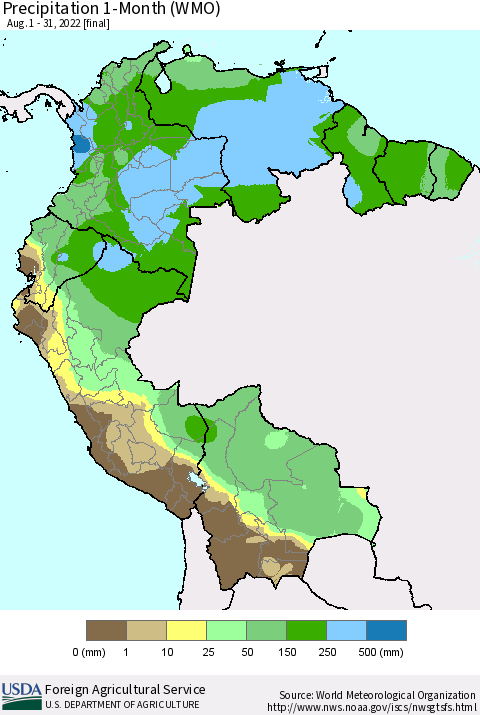 Northern South America Precipitation 1-Month (WMO) Thematic Map For 8/1/2022 - 8/31/2022