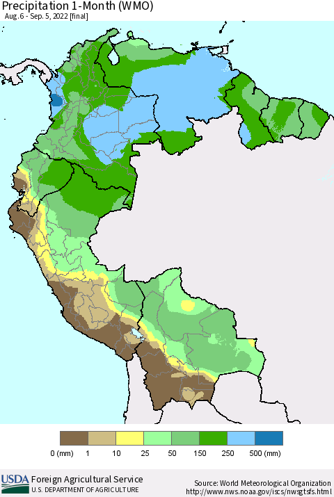 Northern South America Precipitation 1-Month (WMO) Thematic Map For 8/6/2022 - 9/5/2022