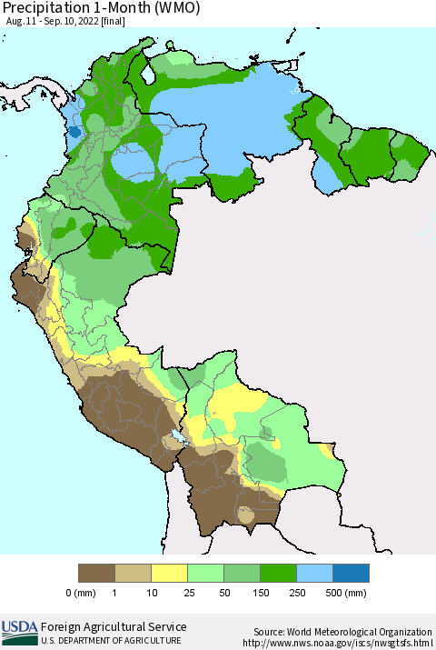 Northern South America Precipitation 1-Month (WMO) Thematic Map For 8/11/2022 - 9/10/2022