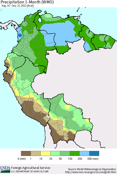 Northern South America Precipitation 1-Month (WMO) Thematic Map For 8/16/2022 - 9/15/2022