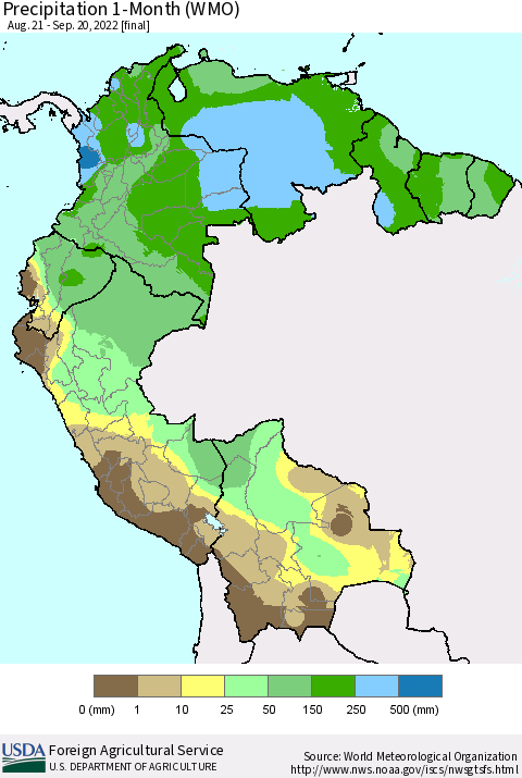 Northern South America Precipitation 1-Month (WMO) Thematic Map For 8/21/2022 - 9/20/2022
