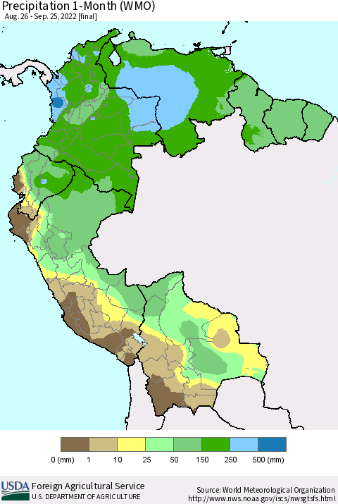 Northern South America Precipitation 1-Month (WMO) Thematic Map For 8/26/2022 - 9/25/2022