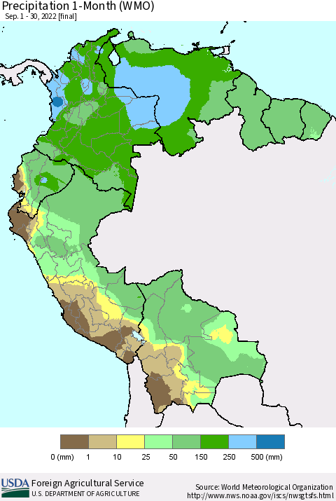 Northern South America Precipitation 1-Month (WMO) Thematic Map For 9/1/2022 - 9/30/2022