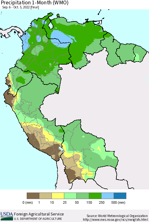 Northern South America Precipitation 1-Month (WMO) Thematic Map For 9/6/2022 - 10/5/2022