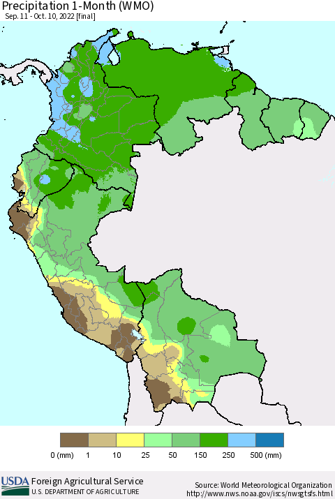 Northern South America Precipitation 1-Month (WMO) Thematic Map For 9/11/2022 - 10/10/2022